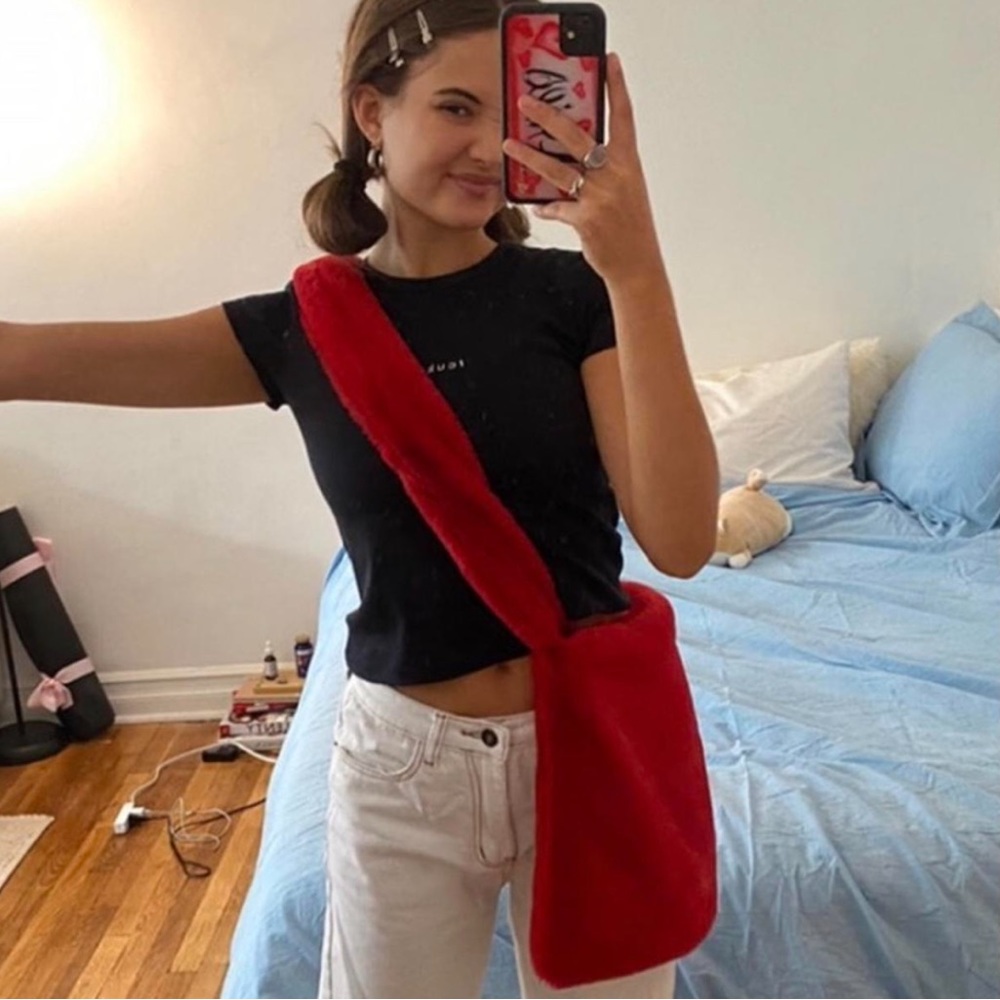 Red fuzzy shoulder bag